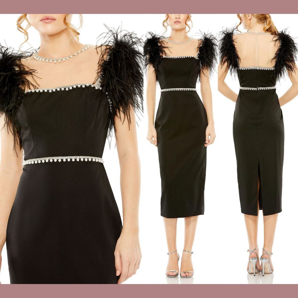 Used $598 Mac Duggal [ 12 ] Feather Cap Sleeve Pearl Embellished Dress Black